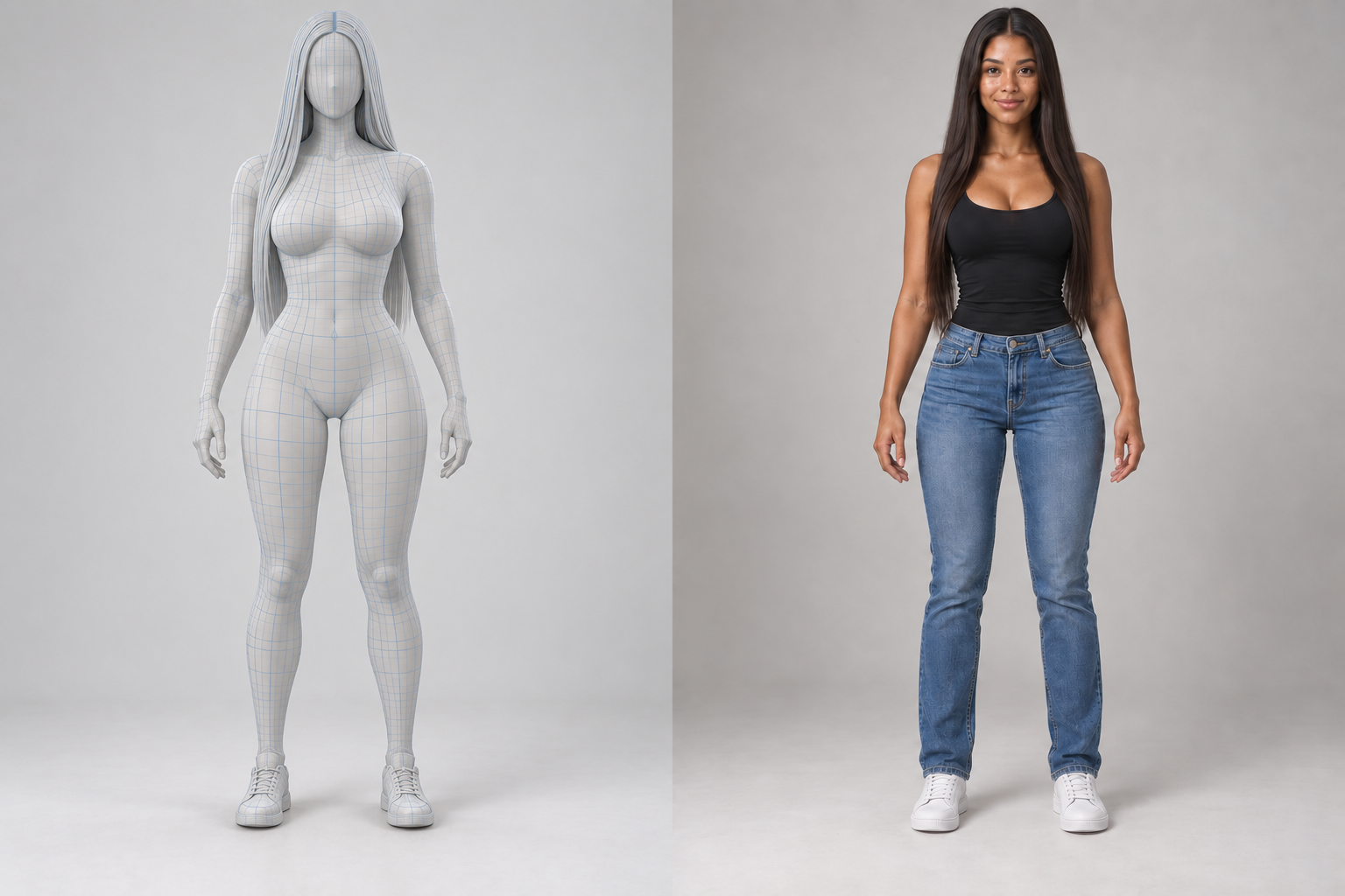 Noa, an original adult Creator with long espresso hair and a sculpted figure, wearing a black tank, vintage denim and white sneakers
