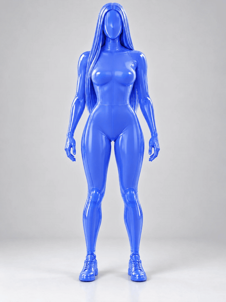 Sculpted blue glass mannequin with long straight hair, with a softly curved light scanning her silhouette
