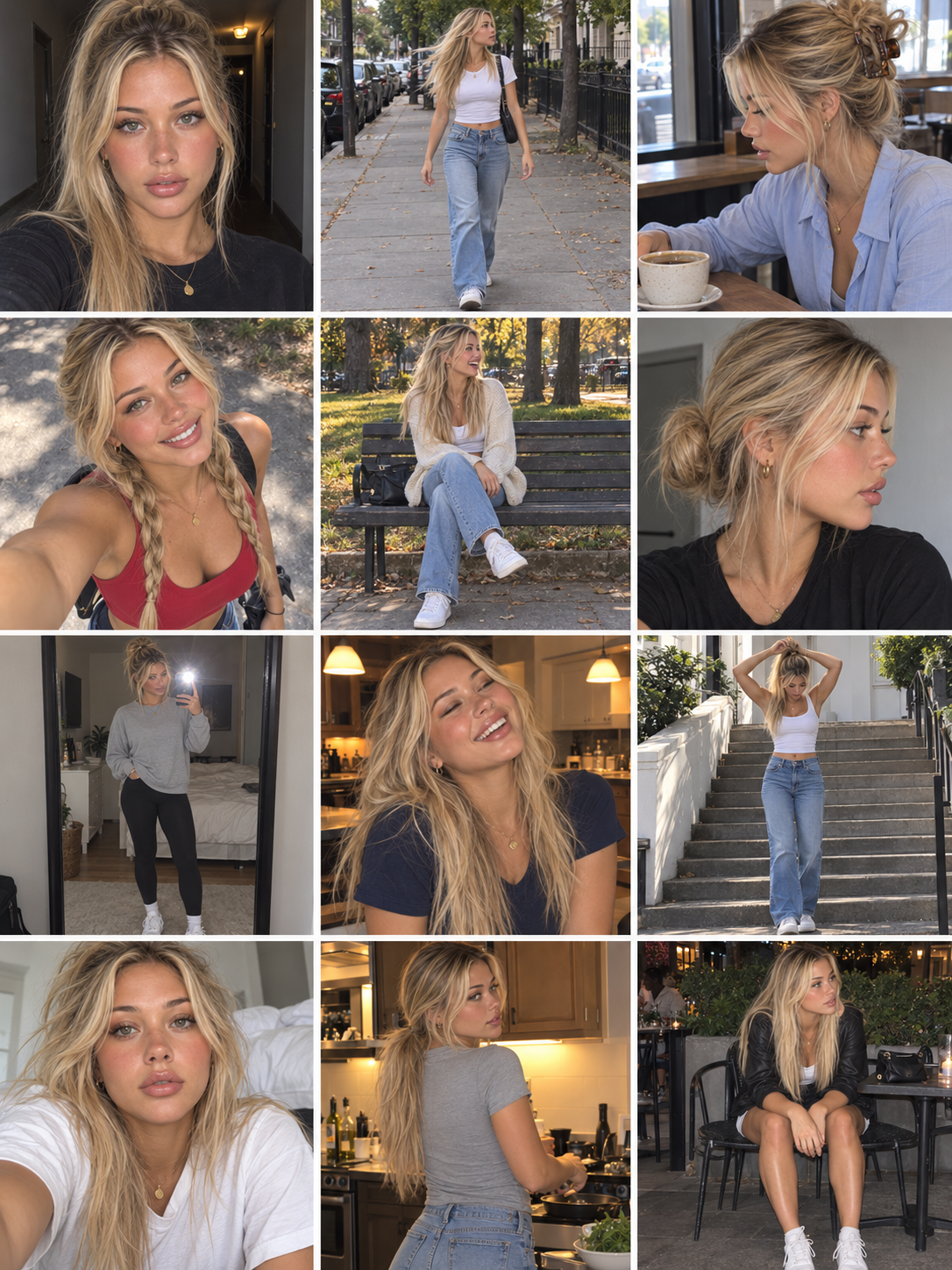 Twelve candid photos of Zelda with varied hairstyles, poses, camera distances, and angles, in flash and natural light